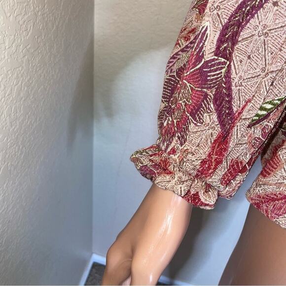 VICI Womens blouse Pink Red Floral Metallic Threading Flowy Boho top Size SM - Picture 8 of 10